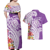 Aloha Kauai Island Personalized Couples Matching Off Shoulder Maxi Dress and Hawaiian Shirt Lilac Dreamy Turtle