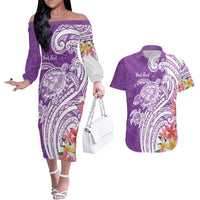 Aloha Kauai Island Personalized Couples Matching Off The Shoulder Long Sleeve Dress and Hawaiian Shirt Lilac Dreamy Turtle