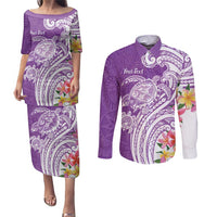 Aloha Kauai Island Personalized Couples Matching Puletasi and Long Sleeve Button Shirt Lilac Dreamy Turtle