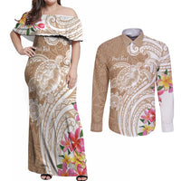 Aloha Niihau Island Personalized Couples Matching Off Shoulder Maxi Dress and Long Sleeve Button Shirt Beige Dreamy Turtle LT7 Beige - Polynesian Pride