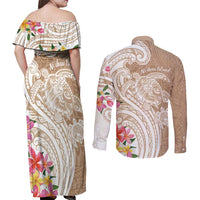 Aloha Niihau Island Personalized Couples Matching Off Shoulder Maxi Dress and Long Sleeve Button Shirt Beige Dreamy Turtle LT7 - Polynesian Pride