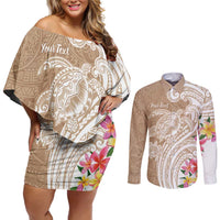 Aloha Niihau Island Personalized Couples Matching Off Shoulder Short Dress and Long Sleeve Button Shirt Beige Dreamy Turtle LT7 Beige - Polynesian Pride