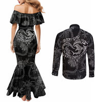 Hawaii Father's Day Vintage Lei Couples Matching Mermaid Dress and Long Sleeve Button Shirt Hauoli la Makuakane - Black LT7 - Polynesian Pride