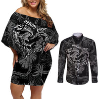 Hawaii Father's Day Vintage Lei Couples Matching Off Shoulder Short Dress and Long Sleeve Button Shirt Hauoli la Makuakane - Black LT7 Black - Polynesian Pride