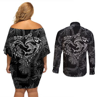 Hawaii Father's Day Vintage Lei Couples Matching Off Shoulder Short Dress and Long Sleeve Button Shirt Hauoli la Makuakane - Black LT7 - Polynesian Pride
