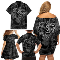 Hawaii Father's Day Vintage Lei Family Matching Off Shoulder Short Dress and Hawaiian Shirt Hauoli la Makuakane - Black