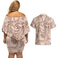 Hawaii Father's Day Vintage Lei Couples Matching Off Shoulder Short Dress and Hawaiian Shirt Hauoli la Makuakane - Beige