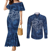 Hawaii Father's Day Vintage Lei Couples Matching Mermaid Dress and Long Sleeve Button Shirt Hauoli la Makuakane - Blue LT7 Blue - Polynesian Pride