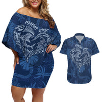 Hawaii Father's Day Vintage Lei Couples Matching Off Shoulder Short Dress and Hawaiian Shirt Hauoli la Makuakane - Blue LT7 Blue - Polynesian Pride
