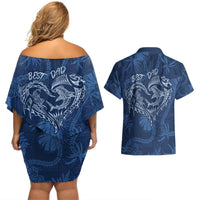 Hawaii Father's Day Vintage Lei Couples Matching Off Shoulder Short Dress and Hawaiian Shirt Hauoli la Makuakane - Blue LT7 - Polynesian Pride