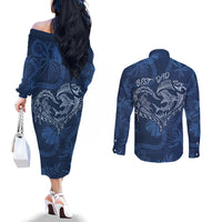 Hawaii Father's Day Vintage Lei Couples Matching Off The Shoulder Long Sleeve Dress and Long Sleeve Button Shirt Hauoli la Makuakane - Blue