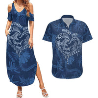 Hawaii Father's Day Vintage Lei Couples Matching Summer Maxi Dress and Hawaiian Shirt Hauoli la Makuakane - Blue LT7 Blue - Polynesian Pride
