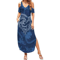Hawaii Father's Day Vintage Lei Summer Maxi Dress Hauoli la Makuakane - Blue LT7 Women Blue - Polynesian Pride
