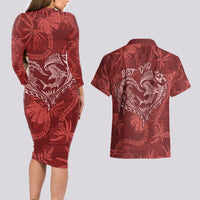 Hawaii Father's Day Vintage Lei Couples Matching Long Sleeve Bodycon Dress and Hawaiian Shirt Hauoli la Makuakane - Red
