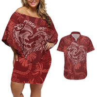 Hawaii Father's Day Vintage Lei Couples Matching Off Shoulder Short Dress and Hawaiian Shirt Hauoli la Makuakane - Red LT7 Red - Polynesian Pride
