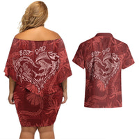 Hawaii Father's Day Vintage Lei Couples Matching Off Shoulder Short Dress and Hawaiian Shirt Hauoli la Makuakane - Red LT7 - Polynesian Pride