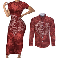 Hawaii Father's Day Vintage Lei Couples Matching Short Sleeve Bodycon Dress and Long Sleeve Button Shirt Hauoli la Makuakane - Red LT7 Red - Polynesian Pride