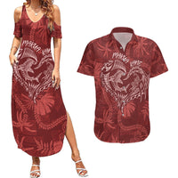 Hawaii Father's Day Vintage Lei Couples Matching Summer Maxi Dress and Hawaiian Shirt Hauoli la Makuakane - Red LT7 Red - Polynesian Pride