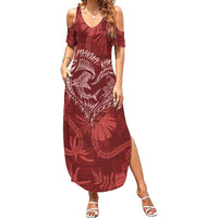 Hawaii Father's Day Vintage Lei Summer Maxi Dress Hauoli la Makuakane - Red LT7 Women Red - Polynesian Pride