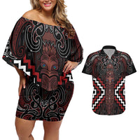 Maori Taiaha Whakairo Personalized Couples Matching Off Shoulder Short Dress and Hawaiian Shirt Red Poutama Motifs