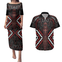 Maori Taiaha Whakairo Personalized Couples Matching Puletasi and Hawaiian Shirt Red Poutama Motifs