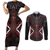 Maori Taiaha Whakairo Personalized Couples Matching Short Sleeve Bodycon Dress and Long Sleeve Button Shirt Red Poutama Motifs