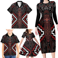 Maori Taiaha Whakairo Personalized Family Matching Long Sleeve Bodycon Dress and Hawaiian Shirt Red Poutama Motifs