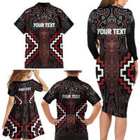 Maori Taiaha Whakairo Personalized Family Matching Long Sleeve Bodycon Dress and Hawaiian Shirt Red Poutama Motifs