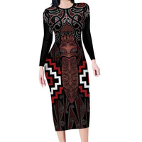 Maori Taiaha Whakairo Personalized Family Matching Long Sleeve Bodycon Dress and Hawaiian Shirt Red Poutama Motifs