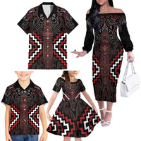 Maori Taiaha Whakairo Personalized Family Matching Off The Shoulder Long Sleeve Dress and Hawaiian Shirt Red Poutama Motifs