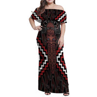 Maori Taiaha Whakairo Personalized Family Matching Off Shoulder Maxi Dress and Hawaiian Shirt Red Poutama Motifs