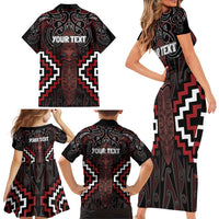 Maori Taiaha Whakairo Personalized Family Matching Short Sleeve Bodycon Dress and Hawaiian Shirt Red Poutama Motifs