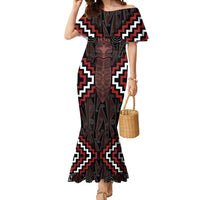 Maori Taiaha Whakairo Personalized Mermaid Dress Red Poutama Motifs