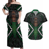 Maori Taiaha Pounamu Whakairo Personalized Couples Matching Off Shoulder Maxi Dress and Hawaiian Shirt Jade Poutama Motifs