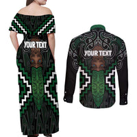 Maori Taiaha Pounamu Whakairo Personalized Couples Matching Off Shoulder Maxi Dress and Long Sleeve Button Shirt Jade Poutama Motifs