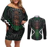 Maori Taiaha Pounamu Whakairo Personalized Couples Matching Off Shoulder Short Dress and Long Sleeve Button Shirt Jade Poutama Motifs