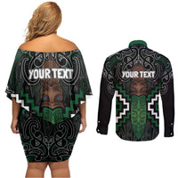 Maori Taiaha Pounamu Whakairo Personalized Couples Matching Off Shoulder Short Dress and Long Sleeve Button Shirt Jade Poutama Motifs
