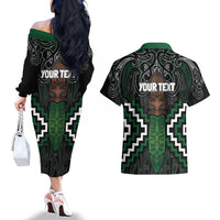 Maori Taiaha Pounamu Whakairo Personalized Couples Matching Off The Shoulder Long Sleeve Dress and Hawaiian Shirt Jade Poutama Motifs