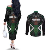 Maori Taiaha Pounamu Whakairo Personalized Couples Matching Off The Shoulder Long Sleeve Dress and Long Sleeve Button Shirt Jade Poutama Motifs LT7 - Polynesian Pride