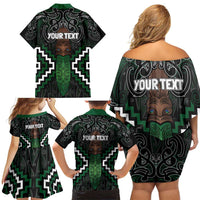 Maori Taiaha Pounamu Whakairo Personalized Family Matching Off Shoulder Short Dress and Hawaiian Shirt Jade Poutama Motifs