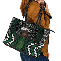 Maori Taiaha Pounamu Whakairo Personalized Leather Tote Bag Jade Poutama Motifs