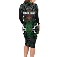 Maori Taiaha Pounamu Whakairo Personalized Long Sleeve Bodycon Dress Jade Poutama Motifs