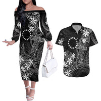 Black Kuki Airani Tapakau Couples Matching Off The Shoulder Long Sleeve Dress and Hawaiian Shirt Tribal Anchor Mix Tiare