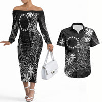 Black Kuki Airani Tapakau Couples Matching Off The Shoulder Long Sleeve Dress and Hawaiian Shirt Tribal Anchor Mix Tiare LT7 Black - Polynesian Pride