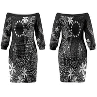 Black Kuki Airani Tapakau Couples Matching Off The Shoulder Long Sleeve Dress and Hawaiian Shirt Tribal Anchor Mix Tiare LT7 - Polynesian Pride