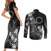 Black Kuki Airani Tapakau Couples Matching Short Sleeve Bodycon Dress and Long Sleeve Button Shirt Tribal Anchor Mix Tiare