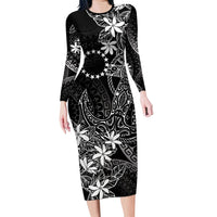 Black Kuki Airani Tapakau Long Sleeve Bodycon Dress Tribal Anchor Mix Tiare LT7 Long Dress Black - Polynesian Pride
