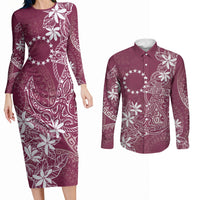 Maroon Kuki Airani Tapakau Couples Matching Long Sleeve Bodycon Dress and Long Sleeve Button Shirt Tribal Anchor Mix Tiare LT7 Maroon - Polynesian Pride