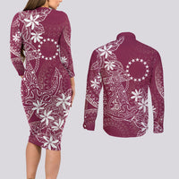 Maroon Kuki Airani Tapakau Couples Matching Long Sleeve Bodycon Dress and Long Sleeve Button Shirt Tribal Anchor Mix Tiare LT7 - Polynesian Pride
