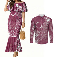 Maroon Kuki Airani Tapakau Couples Matching Mermaid Dress and Long Sleeve Button Shirt Tribal Anchor Mix Tiare LT7 Maroon - Polynesian Pride